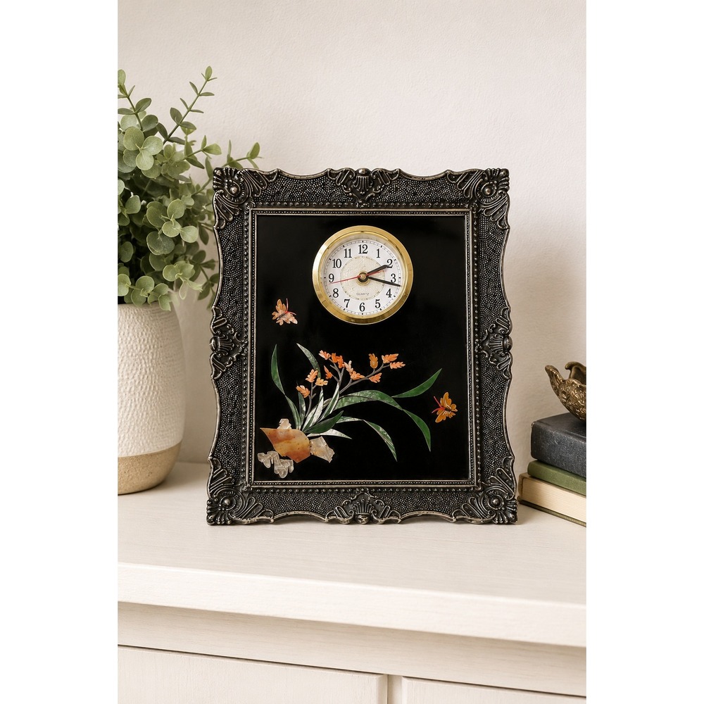 Vintage Japanese Style Stone Inlay Floral Butterfly Mantel Tabletop Quartz Clock
